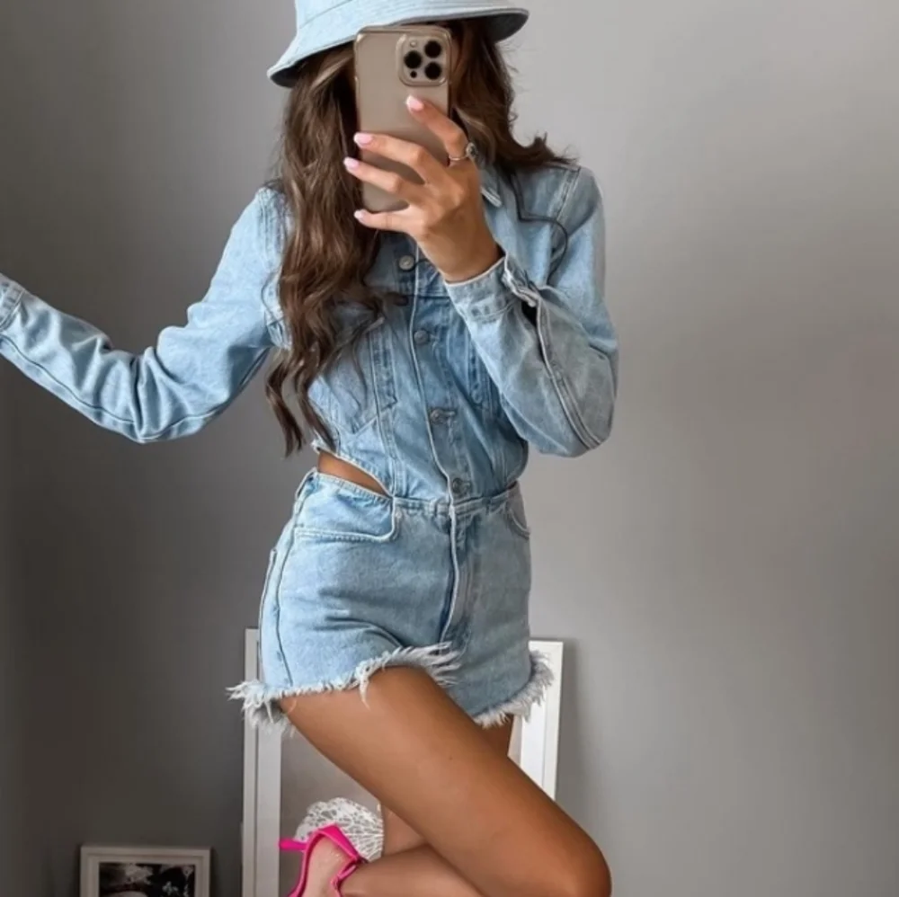 Zara cut out denim short blue wash jumpsuit
